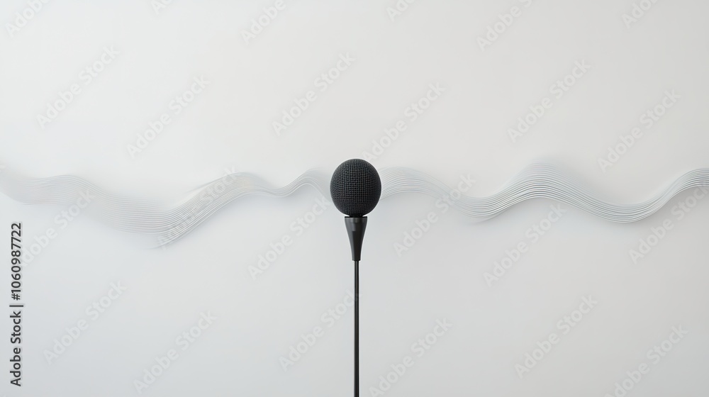A minimalist microphone with an abstract waveform stretching across the white background, representing the clarity of sound in podcasting or broadcasting A minimalist microphone with an abstract waveform stretching across the white background, representing the clarity of sound in podcasting or broadcasting