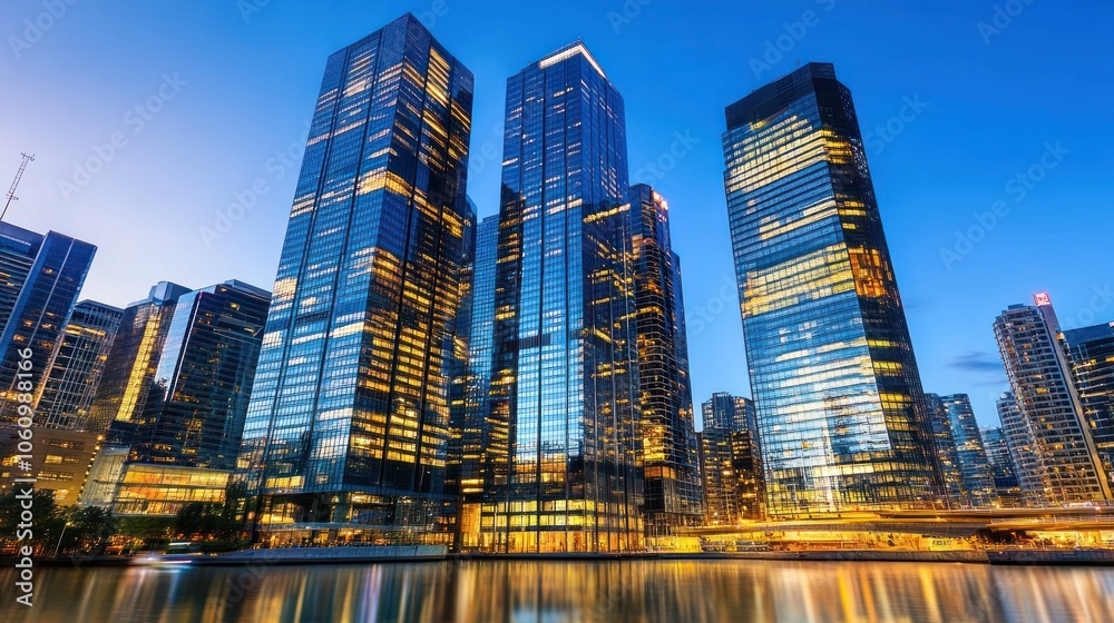 Fototapeta premium A vibrant city skyline at dusk, showcasing modern skyscrapers reflecting in water.