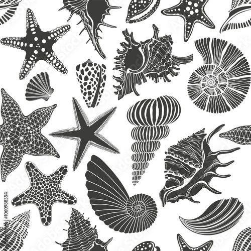 Seamless background with  shells, nautilus,  starfish on white. Stylish black and white background on a marine theme. Vector. Perfect for design templates, wallpaper, wrapping, fabric, print and texti