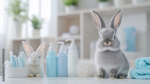 Two rabbits surrounded by grooming products and towels in a bright, modern setting.