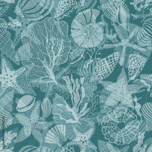 Art sea background with sea creatures. Seamless vector pattern. Perfect for design templates, wallpaper, wrapping, fabric, print and textile. Monochrome.