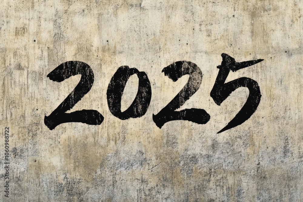 Graffiti art displaying the year 2025 on a weathered concrete wall in an urban environment Graffiti art displaying the year 2025 on a weathered concrete wall in an urban environment