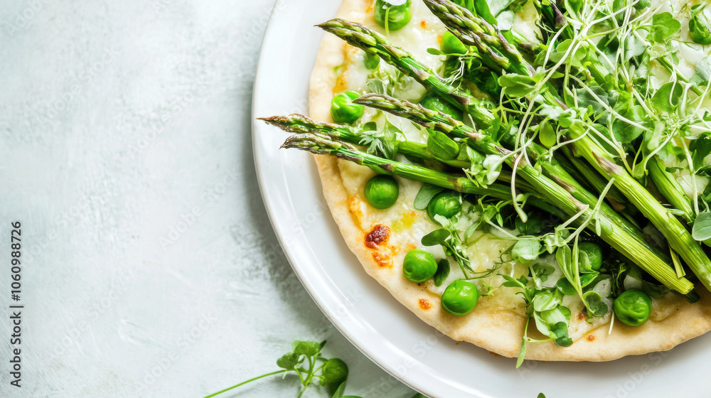 Fresh asparagus and pea pizza with microgreens on a white plate