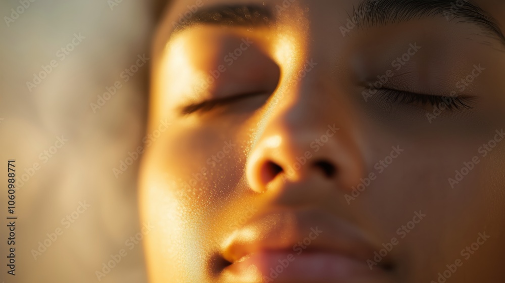 A closeup view of a persons face showcasing their eyes gently closed A closeup view of a persons face showcasing their eyes gently closed