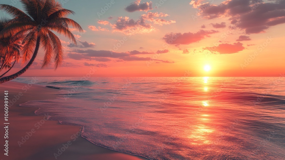 A beautiful sunset over the ocean with a palm tree in the foreground. The sky is filled with clouds, creating a serene and peaceful atmosphere A beautiful sunset over the ocean with a palm tree in the foreground. The sky is filled with clouds, creating a serene and peaceful atmosphere