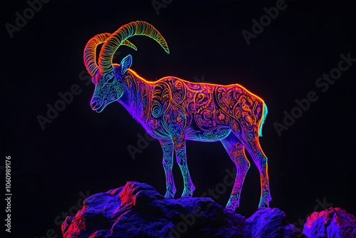 A vivid neon outline of an ibex with intricate horn patterns perched on a rocky outcrop set against a black background.