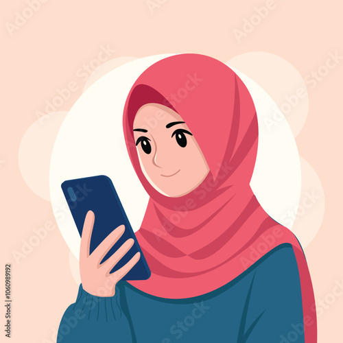 Young woman in hijab looking to her smartphone illustration