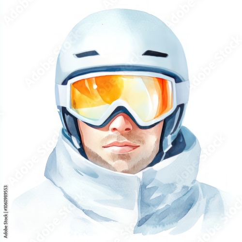 Close-up portrait of a man wearing a white ski helmet and goggles, watercolor painting. photo