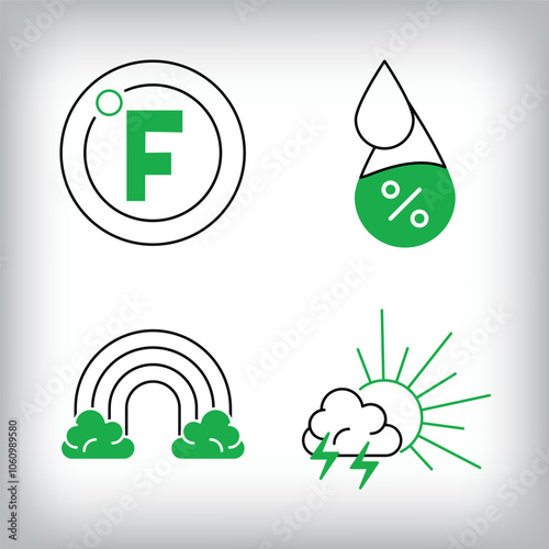 Humidity, fahrenheit and cloudy sun precipitation icon set. Different linear weather designs.