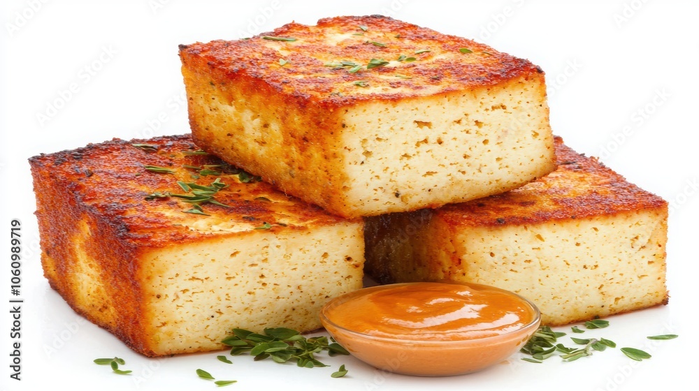 Delicious golden brown baked cornbread squares served with a side of savory sauce, perfect for a flavorful meal or snack. Delicious golden brown baked cornbread squares served with a side of savory sauce, perfect for a flavorful meal or snack.