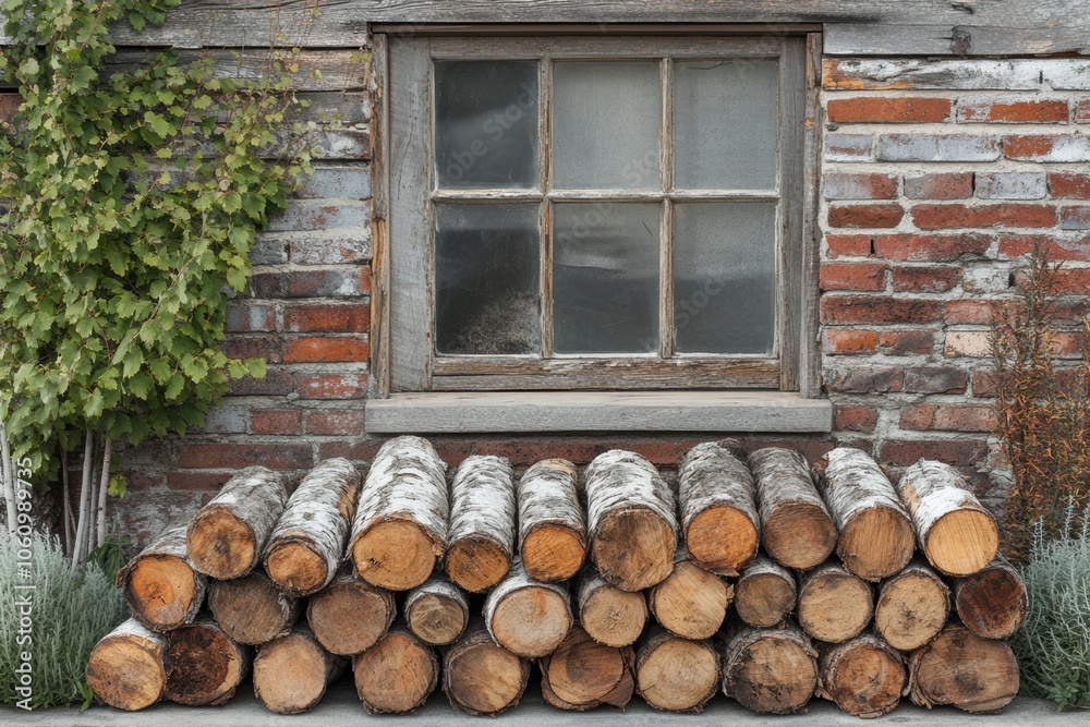 Rustic window with stacked firewood and ivy vines Rustic window with stacked firewood and ivy vines