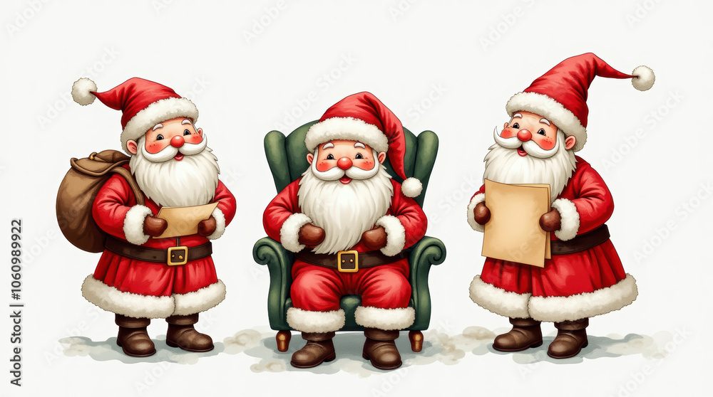 Traditional Santa Claus in a Chair Reading Children's Letters in Watercolor Traditional Santa Claus in a Chair Reading Children's Letters in Watercolor