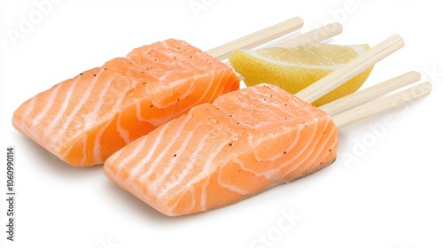 Delicious salmon sushi on skewers served with a slice of lemon, showcasing fresh ingredients and vibrant colors.
