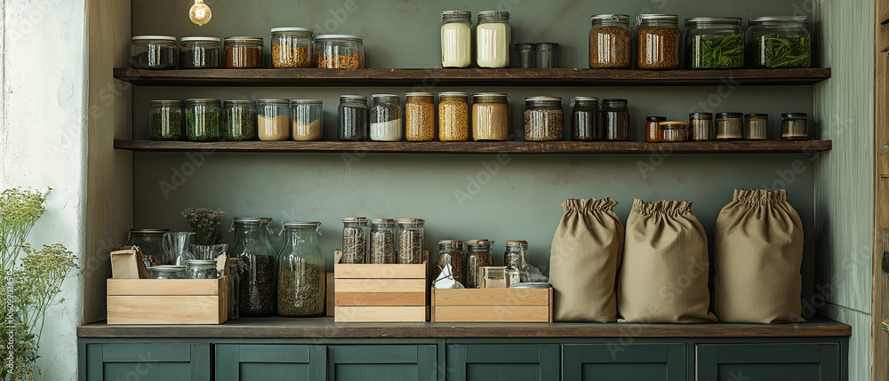 A neatly organized pantry with glass jars of dried goods, spices, and paper bags on rustic wooden shelves, creating a cozy, eco-friendly storage space. A neatly organized pantry with glass jars of dried goods, spices, and paper bags on rustic wooden shelves, creating a cozy, eco-friendly storage space.