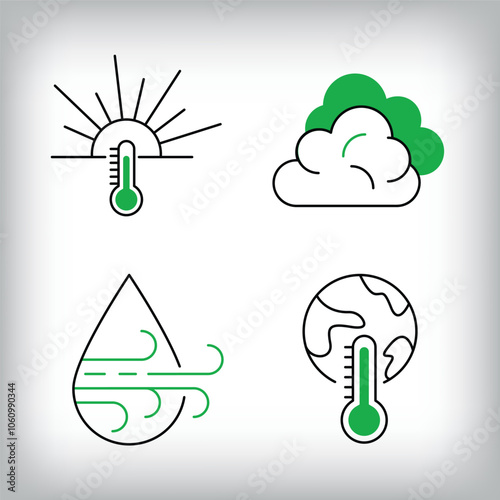 Extreme temperatures, cloudy and windy precipitation icon set. Different linear weather designs.