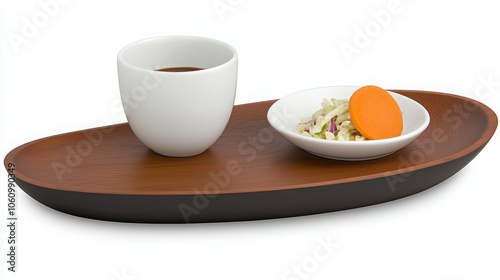 Elegant serving tray with a cup of coffee and a small plate of salad, perfect for a minimalist dining experience.