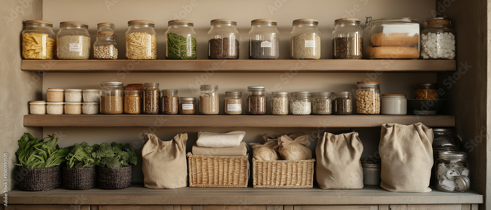 A beautifully arranged pantry with glass jars, woven baskets, and cloth bags holding various dried goods and fresh greens, creating an eco-friendly, rustic storage space. A beautifully arranged pantry with glass jars, woven baskets, and cloth bags holding various dried goods and fresh greens, creating an eco-friendly, rustic storage space.