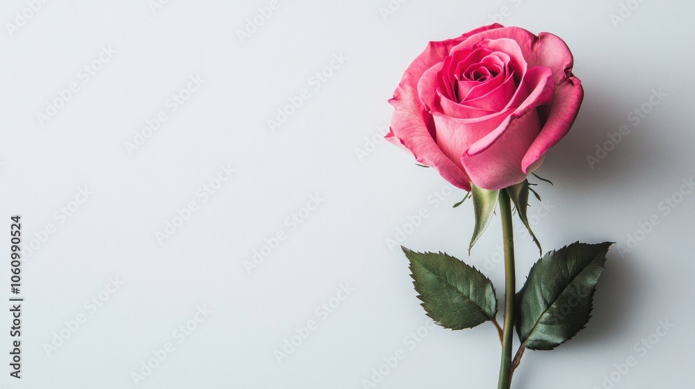 Single Pink Rose with Green Leaves on White Background Single Pink Rose with Green Leaves on White Background