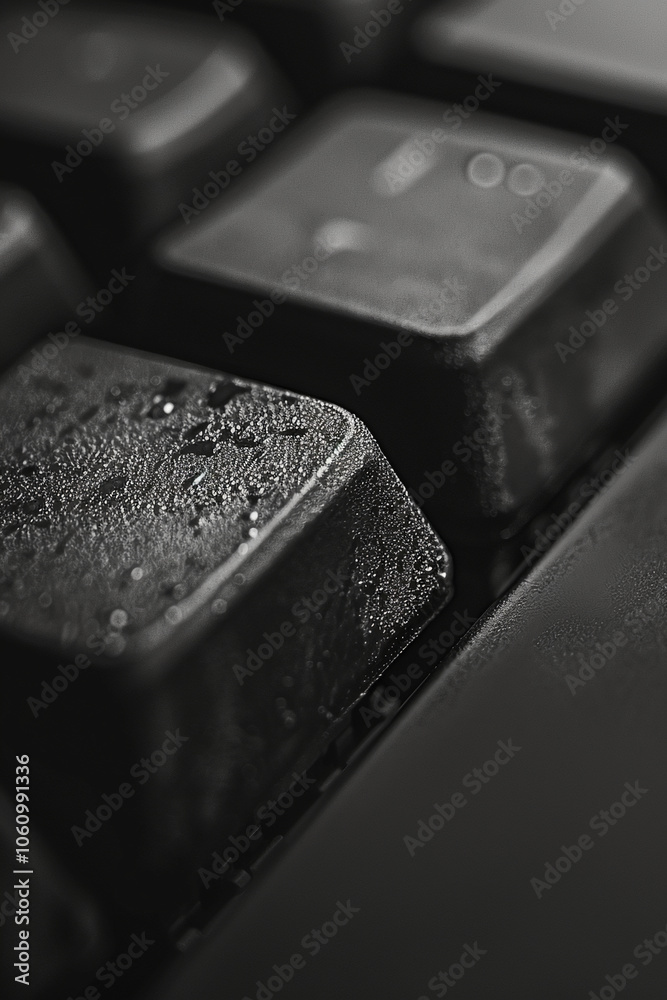 A close-up shot of a black keyboard key covered in water droplets A close-up shot of a black keyboard key covered in water droplets