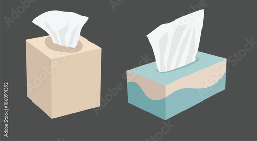 Two vector illustrations of white napkins inpastel colored boxes isolated on dark background