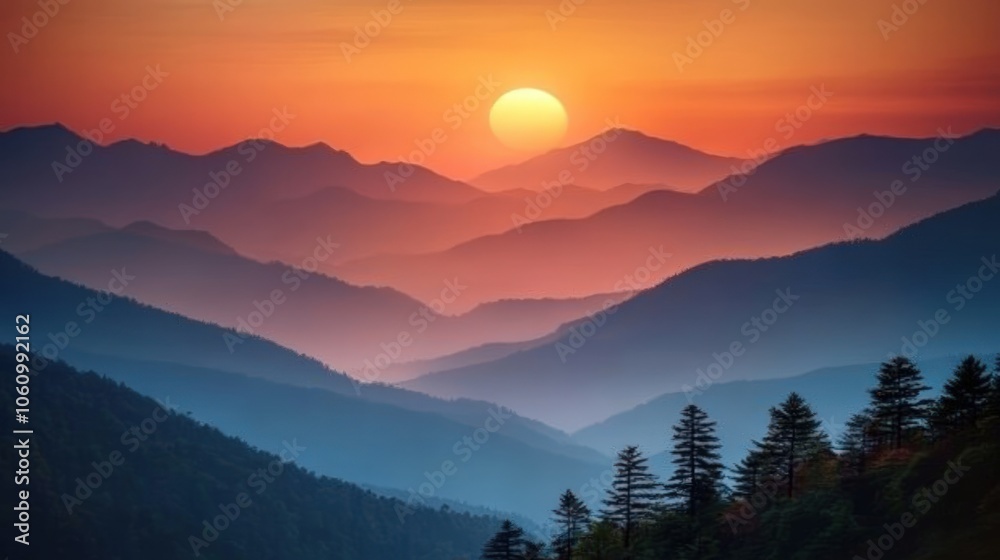 A beautiful sunrise over a mountain range, the sky is a vibrant orange and pink.