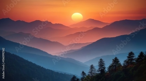 A beautiful sunrise over a mountain range, the sky is a vibrant orange and pink.