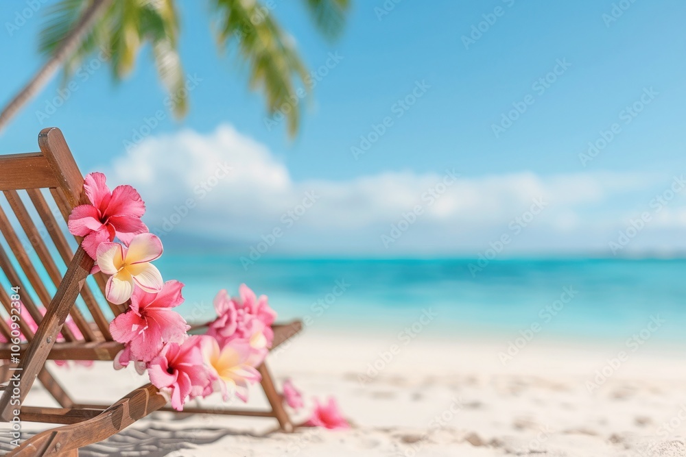 Wooden beach chair decorated with pink hibiscus flowers, tropical ocean backdrop, sandy shore, sunny beach day, relaxing vacation spot, island paradise, vibrant beach decor, copy space for text


