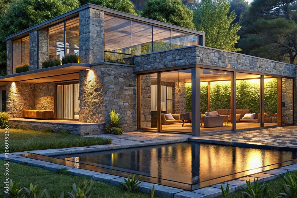 Modern luxury villa, stone and glass architecture, expansive windows, warm interior lighting, infinity pool, twilight atmosphere, lush greenery, contemporary outdoor furniture, reflective water surfac Modern luxury villa, stone and glass architecture, expansive windows, warm interior lighting, infinity pool, twilight atmosphere, lush greenery, contemporary outdoor furniture, reflective water surfac