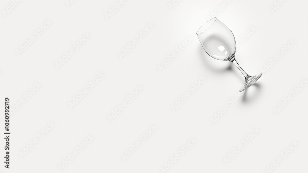 A single, empty wine glass set against a clean white background, casting a soft shadow. 