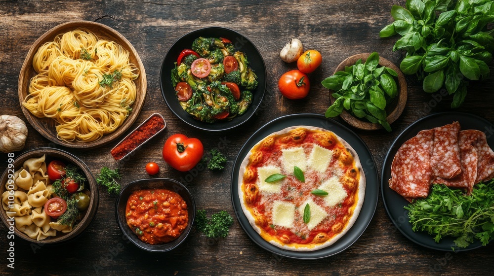 A table full of food including pizza, pasta, and salad. Scene is inviting and delicious A table full of food including pizza, pasta, and salad. Scene is inviting and delicious