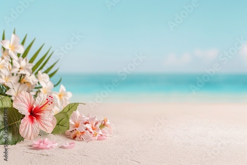 Soft pink hibiscus flowers with ocean background, tropical beach setting, wooden table, turquoise sea, palm leaf, serene beach day, bright sunlight, minimalistic design, copy space for text

