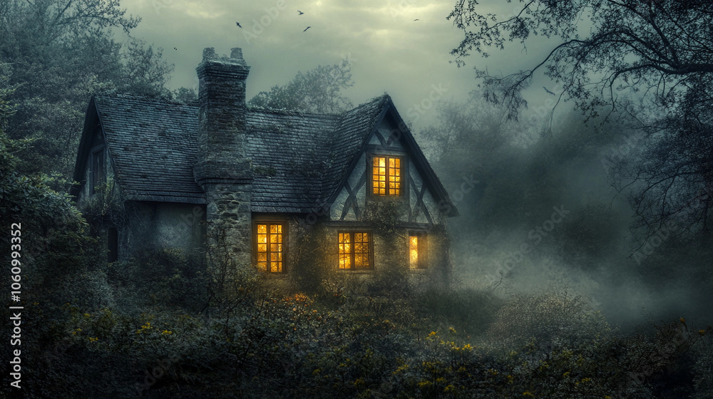Enigmatic Residence Illuminated by Foggy Night Light Enigmatic Residence Illuminated by Foggy Night Light
