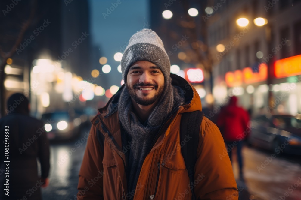 Portrait of a handsome young man in a warm jacket and hat in the city at night Portrait of a handsome young man in a warm jacket and hat in the city at night
