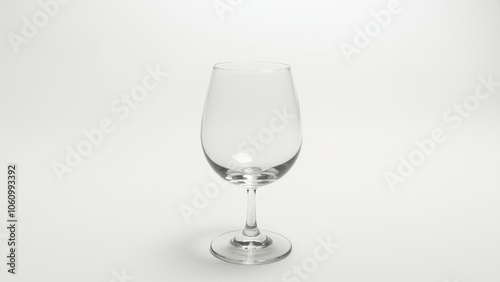 A single, empty wine glass set against a clean white background, casting a soft shadow. 