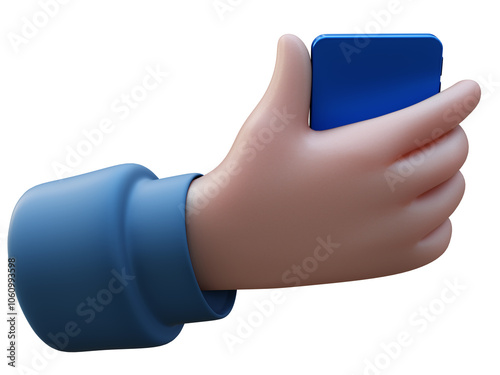 Cartoon smartphone and a hand holding it from the back. Icons. 3D render. 