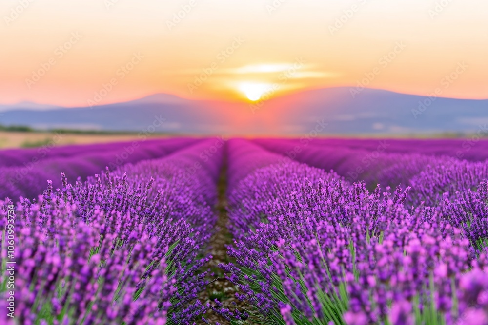 Obraz premium Lavender field at sunset with golden sky, endless rows of purple lavender, peaceful rural landscape, natural floral beauty, scenic countryside, summer evening, serene environment, copy space for text 