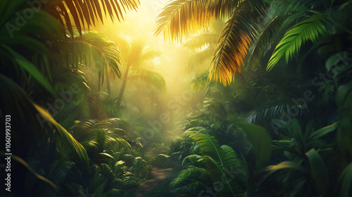 Lush Tropical Jungle Path with Golden Sunlight