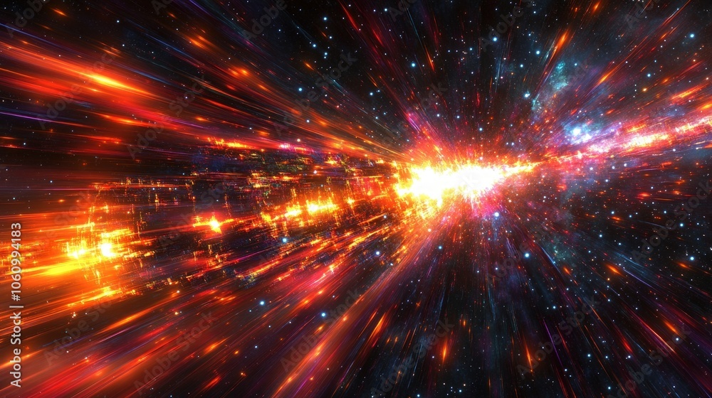 Abstract space background with bright, colorful light streaks and stars.