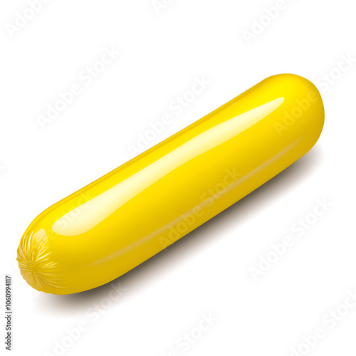 A simple, bright yellow sausage resting on a white background, showcasing its smooth texture and color for a playful culinary presentation