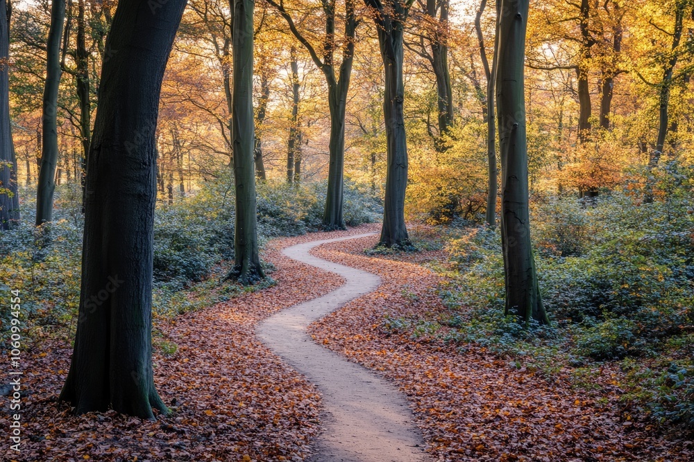 Fototapeta premium A serene woodland with a narrow path winding through a carpet of autumn leaves, surrounded by trees in full autumn colors, under soft, golden sunlight.