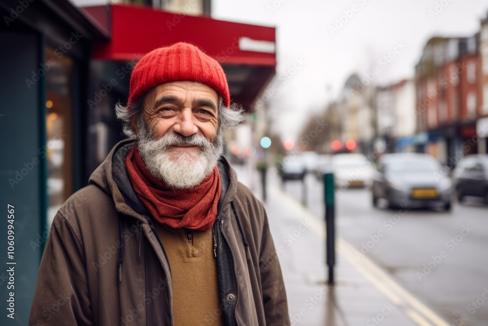 Portrait of a senior man with gray beard and red hat on a city street. Portrait of a senior man with gray beard and red hat on a city street.