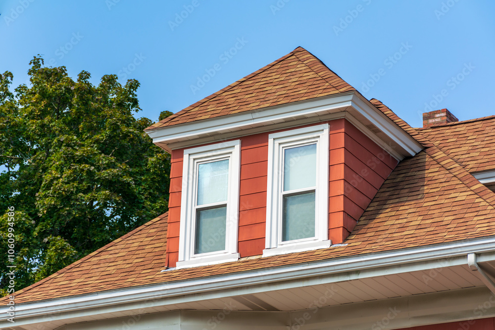 Hip dormer window on the sloped roof of a family house in Brighton, Massachusetts, USA Hip dormer window on the sloped roof of a family house in Brighton, Massachusetts, USA