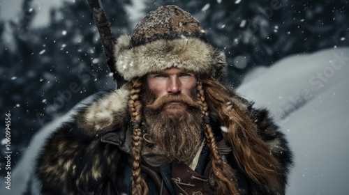 A man sporting a bushy beard is dressed in a cozy fur coat and hat