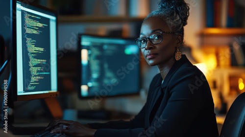 Portrait of a Black Female Software Architect: Engaging Coding in an Elegant Blazer, Set in a Collaborative Workspace with Dramatic Corporate Lighting. 8K Photorealistic Quality.