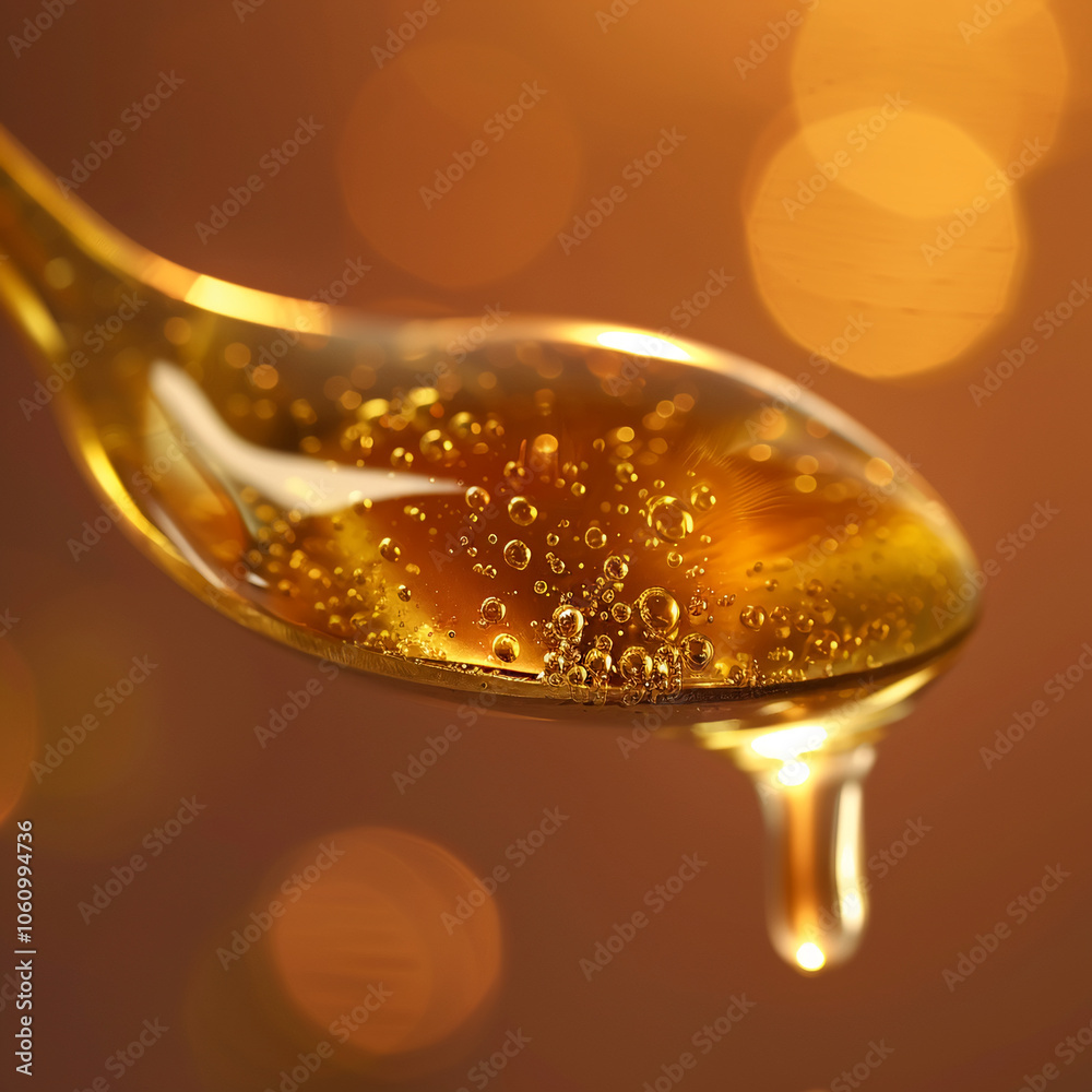A spoonful of honey drips slowly, capturing the golden light of the setting sun A spoonful of honey drips slowly, capturing the golden light of the setting sun