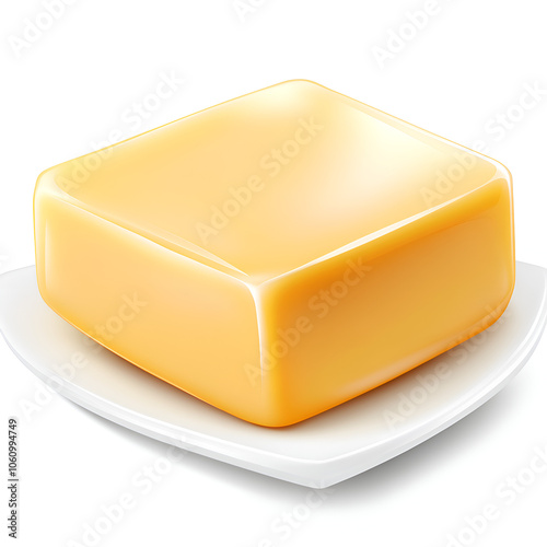 Freshly cut block of creamy yellow butter on a white plate with a glossy finish, ready for use in cooking and baking