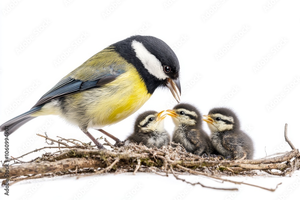 Obraz premium A Great Tit mother bird tenderly feeds her three hungry chicks in their cozy nest. The mother's nurturing, the chicks' eager beaks, and the delicate nest branches symbolize parental care, new life, an