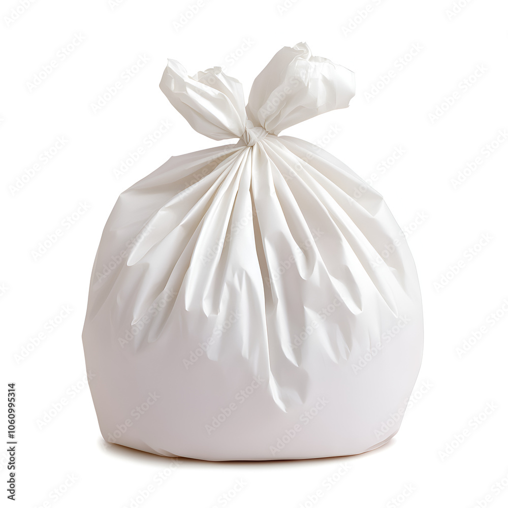 A white garbage bag tied securely, ready for disposal on a clean surface in a well-lit indoor environment