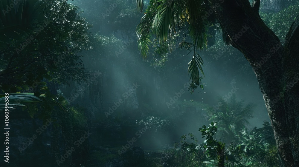 Obraz premium Sunlight streams through the dense canopy of a lush tropical jungle.