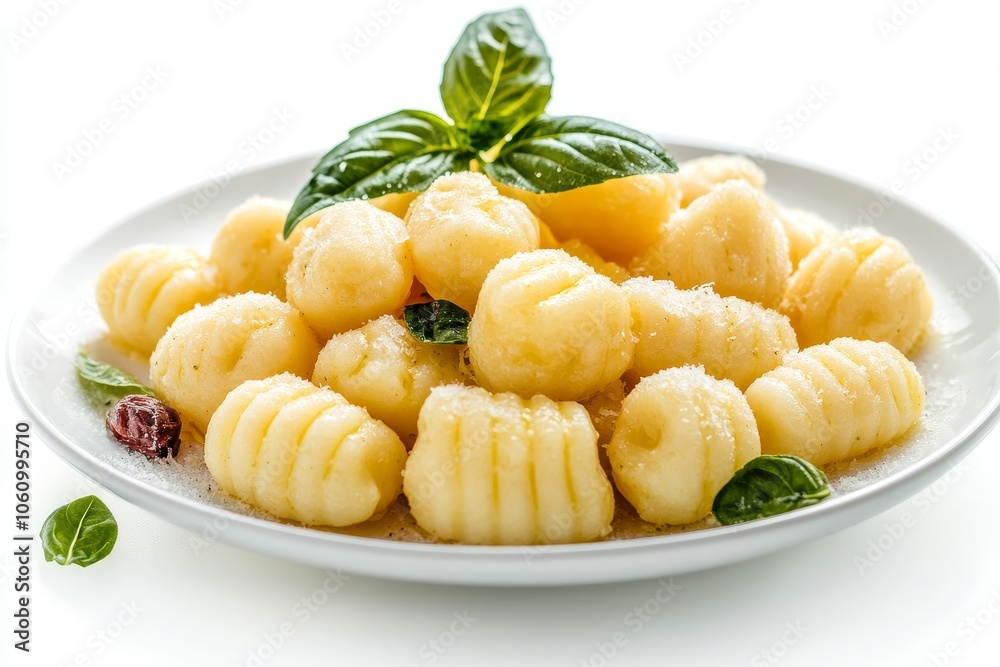 A plate of freshly made gnocchi topped with basil leaves and grated Parmesan cheese. This Italian comfort food is sure to please any palate. A plate of freshly made gnocchi topped with basil leaves and grated Parmesan cheese. This Italian comfort food is sure to please any palate.